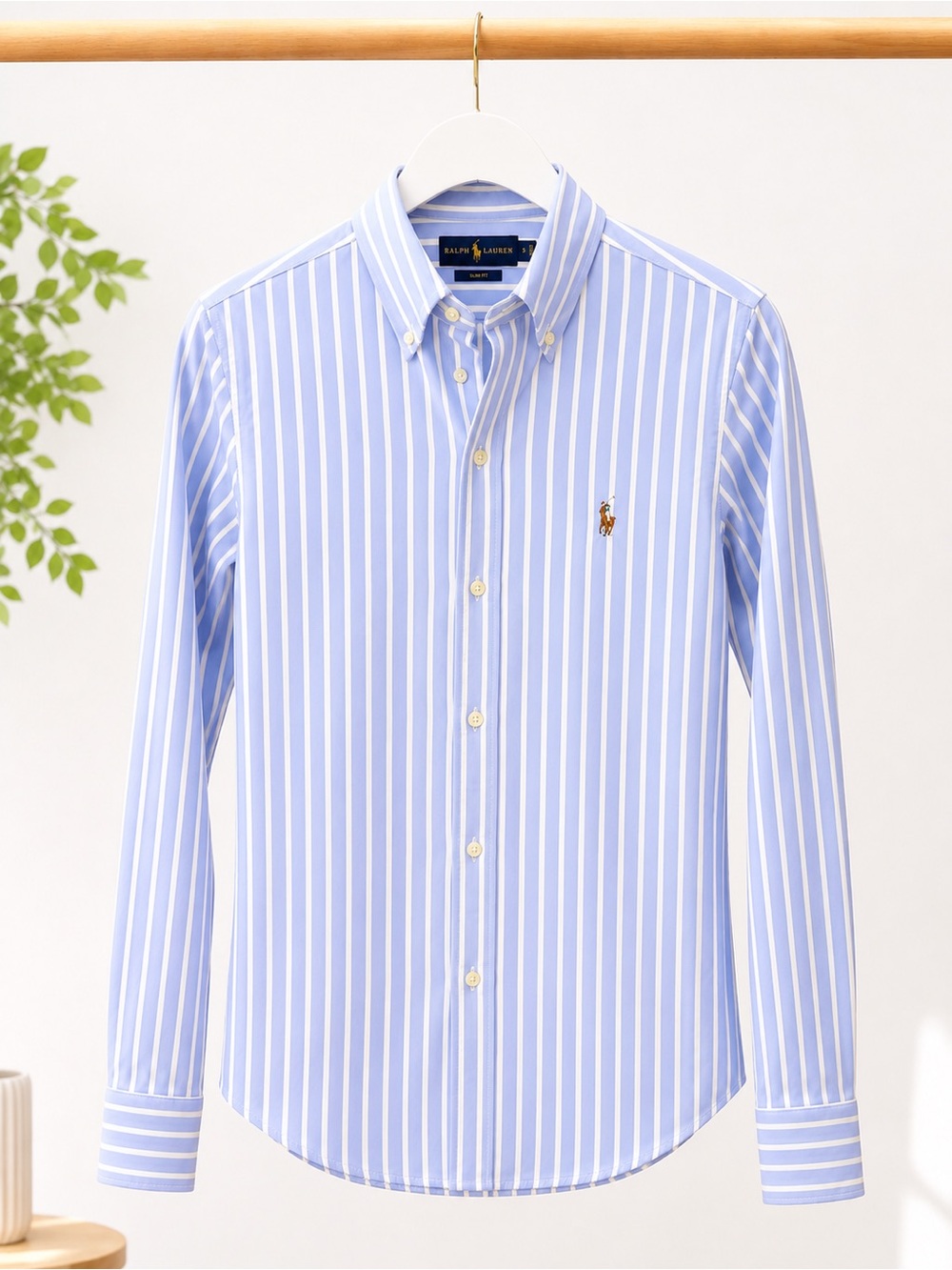 Ralph Lauren Slim Fit Knit Cotton Oxford Shirt | Blue & White Stripe | Size S - Picture 6 of 9